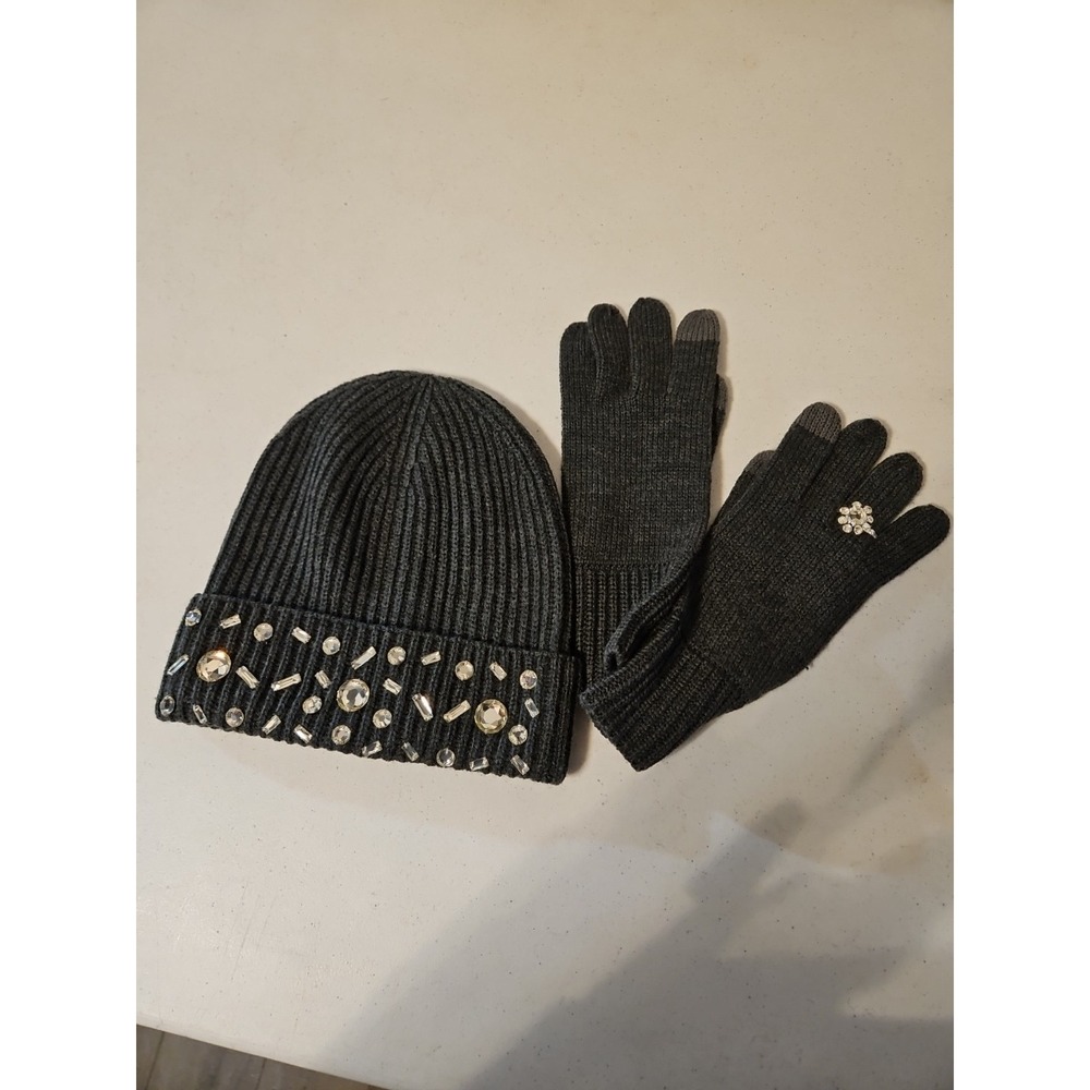 Kate Spade Beanie and Glove Set Womens Charcoal GREY Wool Blend One Size(968‎